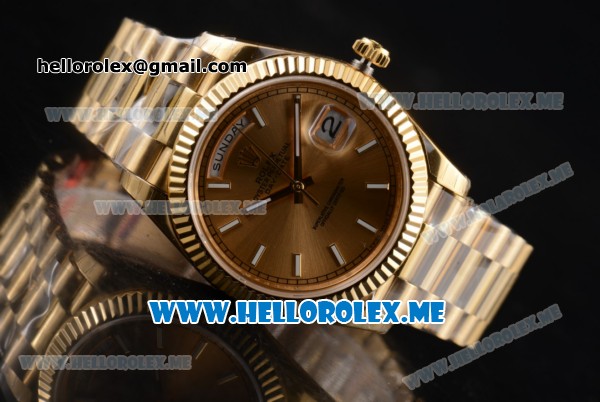 Rolex Day-Date Clone Rolex 3255 Automatic Yellow Gold Case/Bracelet with Yellow Gold Dial and Stick Markers - Click Image to Close